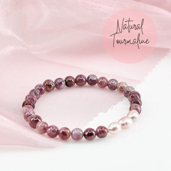 Pink Tourmaline & Edison Pearl Bracelet, Dainty Stackable Stretch Bracelet - Picture 1 of 11